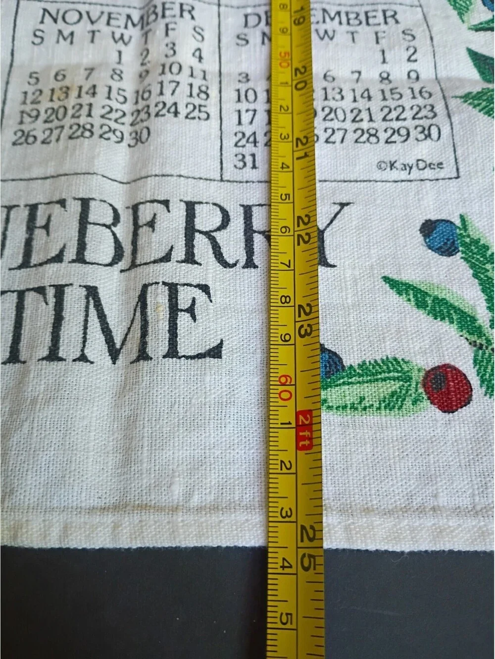 Vintage Y2K Linen Tea Towel Calendar Wall Hanging 1995 Blueberry Time Basket